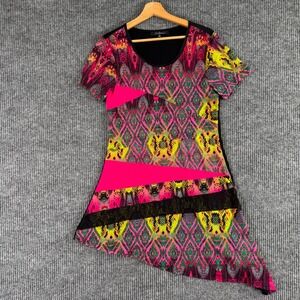 Caleoos Geometric Asymmetrical Dress S Multicolor Short Sleeve Boho Y2K Festival